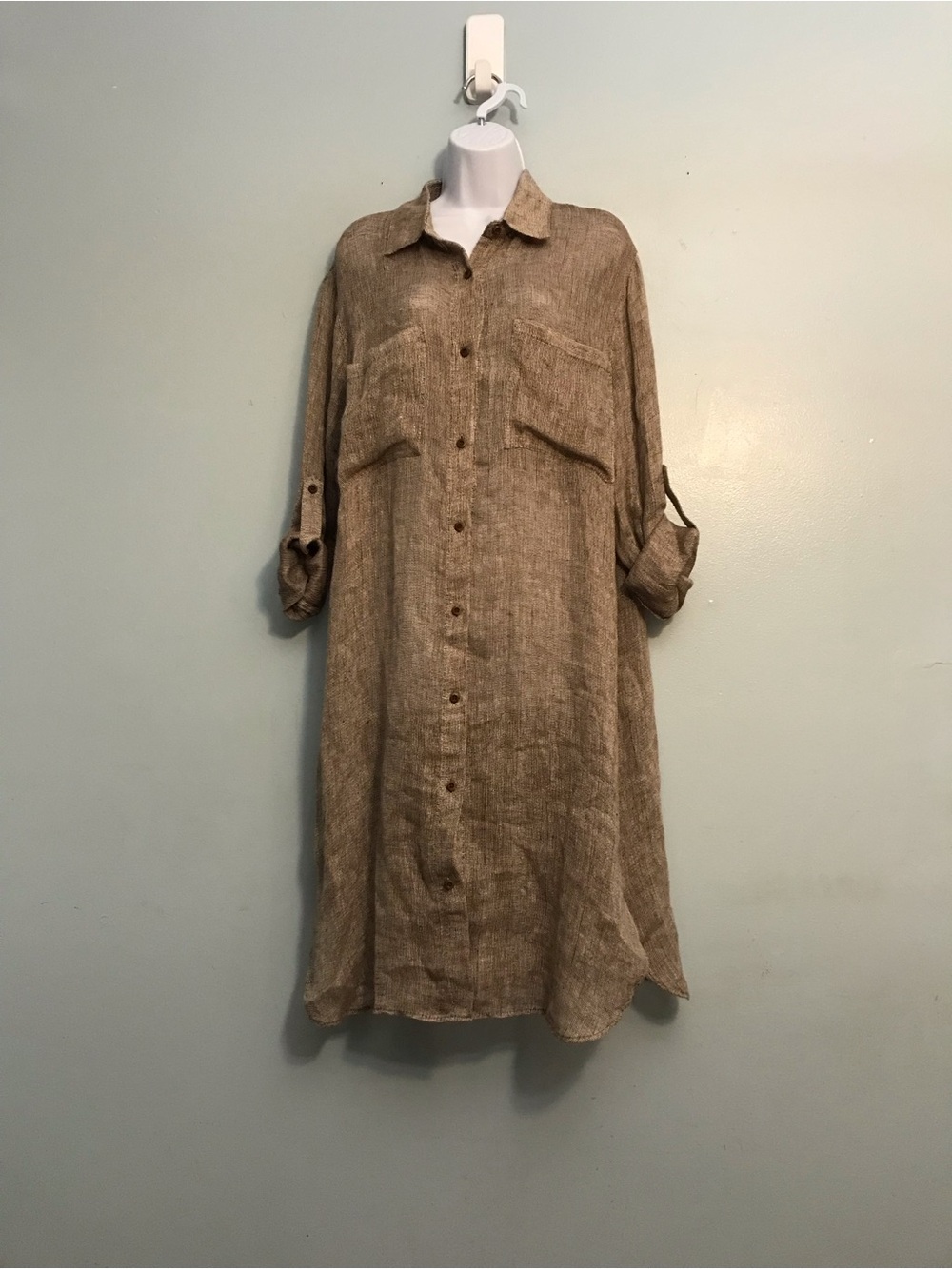Linen Button-Front Shirt Dress in Natural Tan